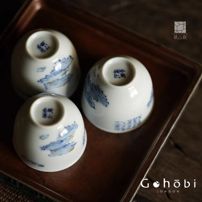 [賦山敘 x Gohobi] Gohobi Jingdezhen Hand-Painted Blue and White Mountain Teacup – Ruoshen Style Gongfu Tea Tasting Cup