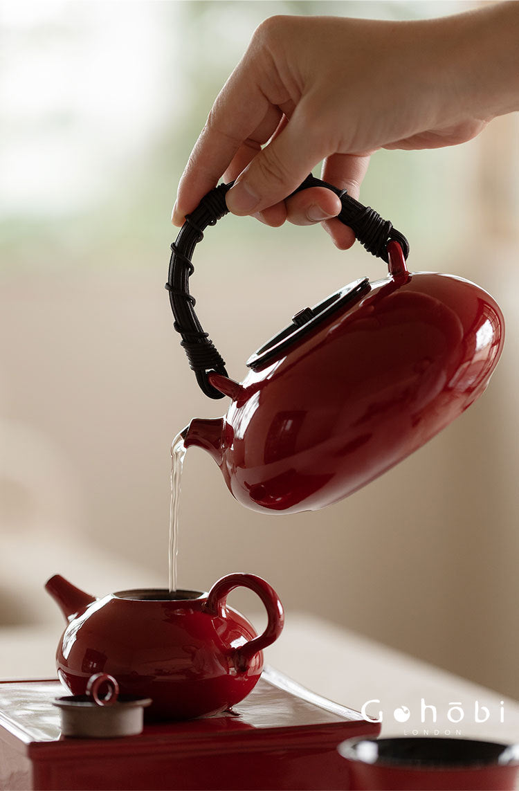 Gohobi Ochre Dream Red Fireplace Teapot – Japanese-Style Coarse Pottery Rattan Beam Kettle