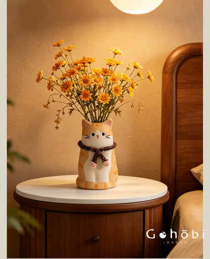 Gohobi Cute Cat Ceramic Vase – Handmade Jingdezhen Ikebana Flower Vase