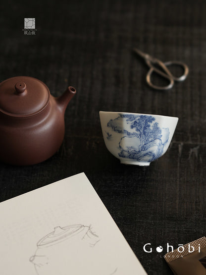 [賦山敘 x Gohobi] Gohobi Jingdezhen Hand-Painted Blue and White Landscape Teacup – Hexagonal Silver Foot Gongfu Tea Cup