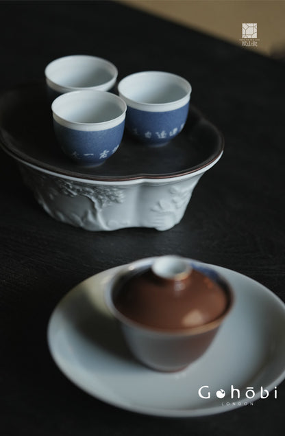 [賦山敘 x Gohobi] Gohobi Begonia Carved Tin Lid Tea Boat – Ceramic Dry Brew Tea Tray with Water Storage