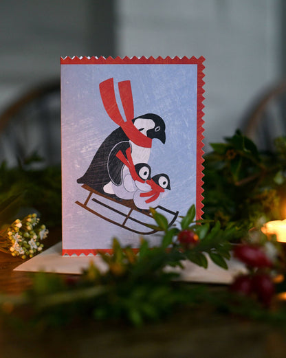 Mortlake Papers Penguin Family Christmas Card | Sledging Winter Holiday Card [Made in the UK]