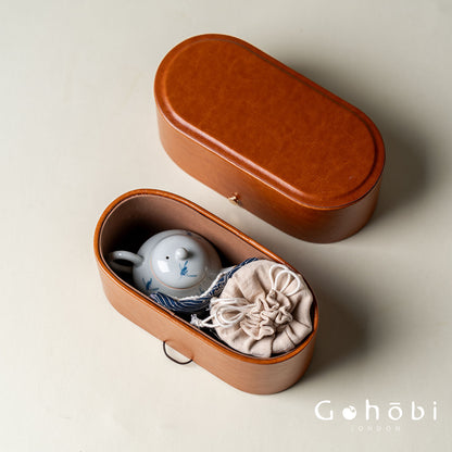 Gohobi Hand-Painted Orchid Travel Tea Set – Portable Gongfu Teapot Gift Set with Leather Case