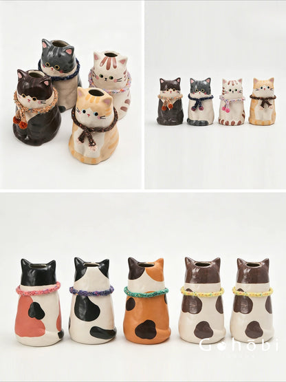 Gohobi Cute Cat Ceramic Vase – Handmade Jingdezhen Ikebana Flower Vase