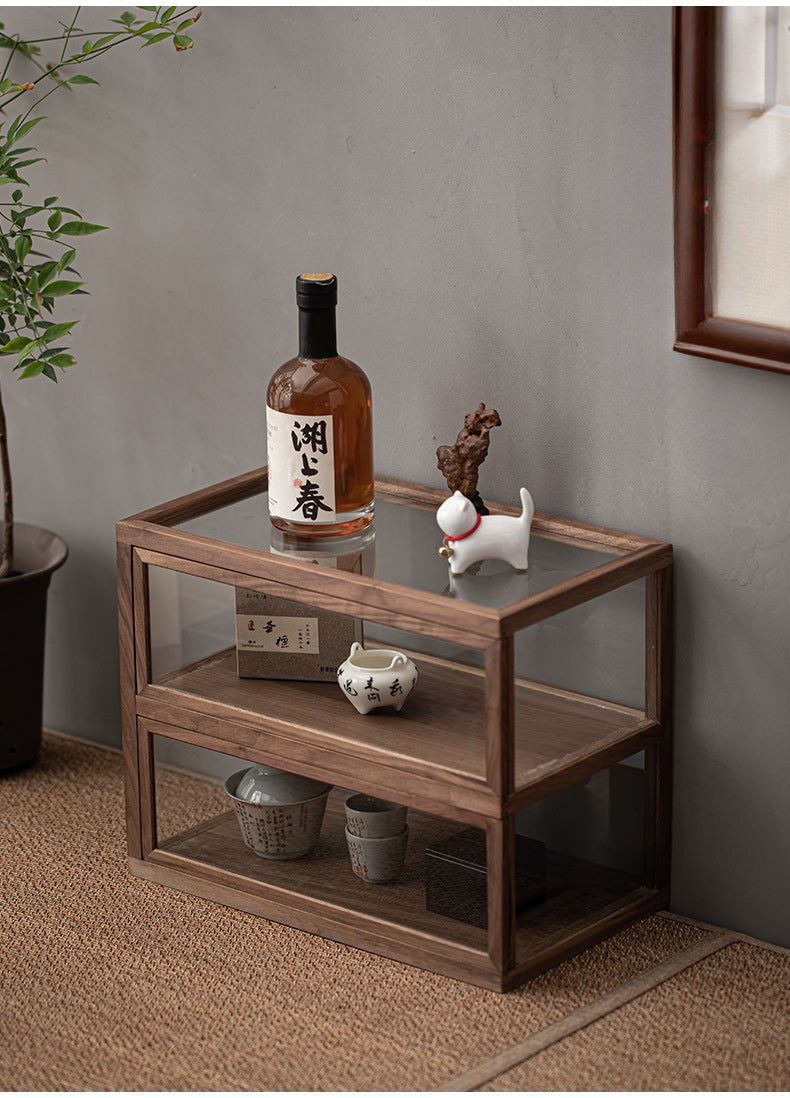 Gohobi Walnut Wood Glass Tea Cabinet (Two Single Sliding Door)