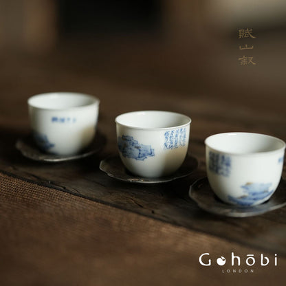 [賦山敘 x Gohobi] Gohobi Jingdezhen Hand-Painted Blue and White Mountain Teacup – Ruoshen Style Gongfu Tea Tasting Cup