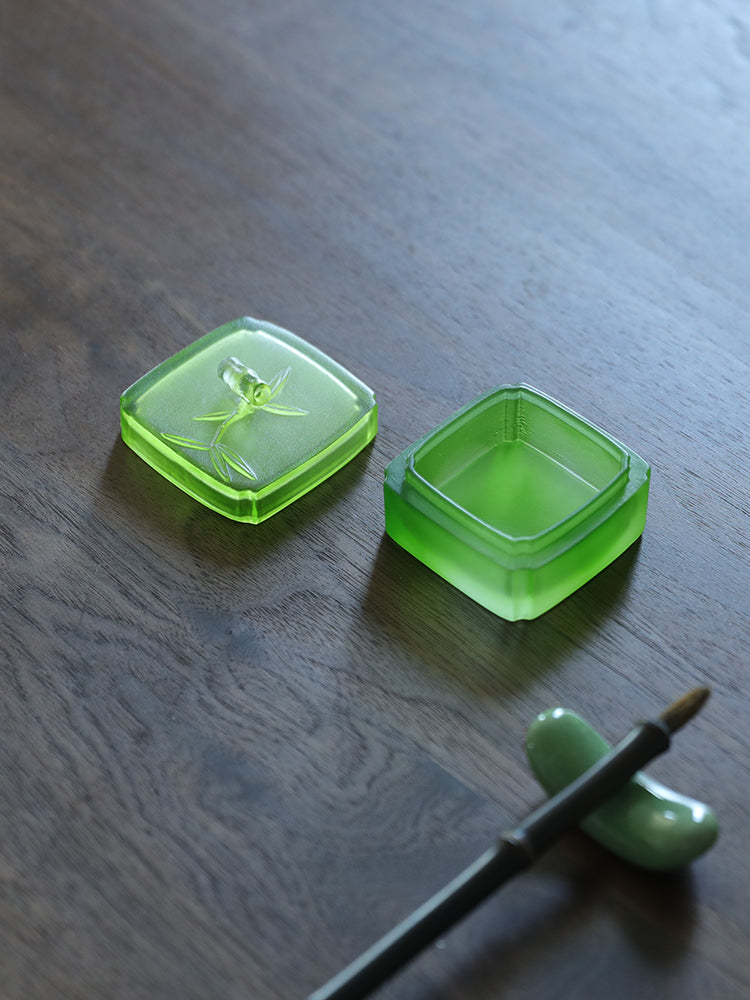 Gohobi Pate de Verre Bamboo Coloured Glass Case Ink Box Jewellery Holder Container