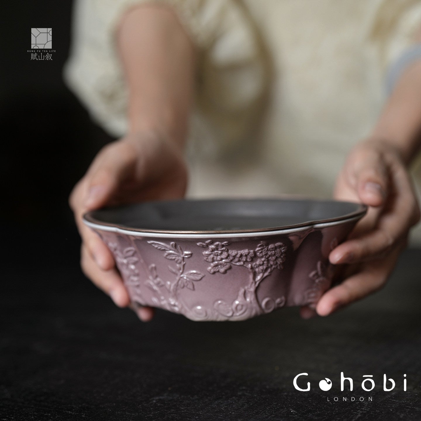 [賦山敘 x Gohobi] Gohobi Begonia Carved Tin Lid Tea Boat – Ceramic Dry Brew Tea Tray with Water Storage