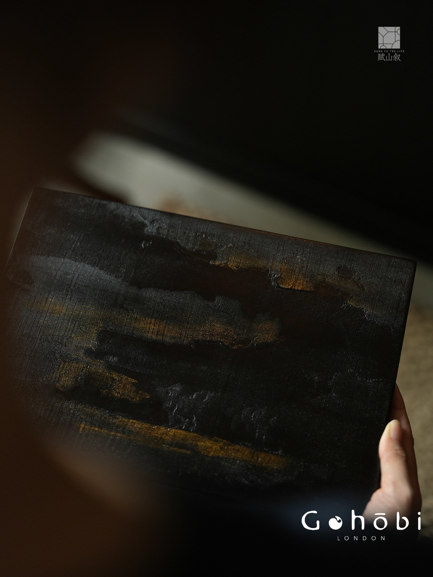 [賦山敘 x Gohobi] Gohobi Black Gold Lacquer Tea Tray – Handmade Ginkgo Wood Dry Brew Tea Tray Wabi Sabi Style