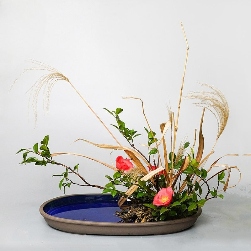 Gohobi Extra Large Oval Ikebana Bowl – Japanese Ceramic Flower Arrangement Vessel