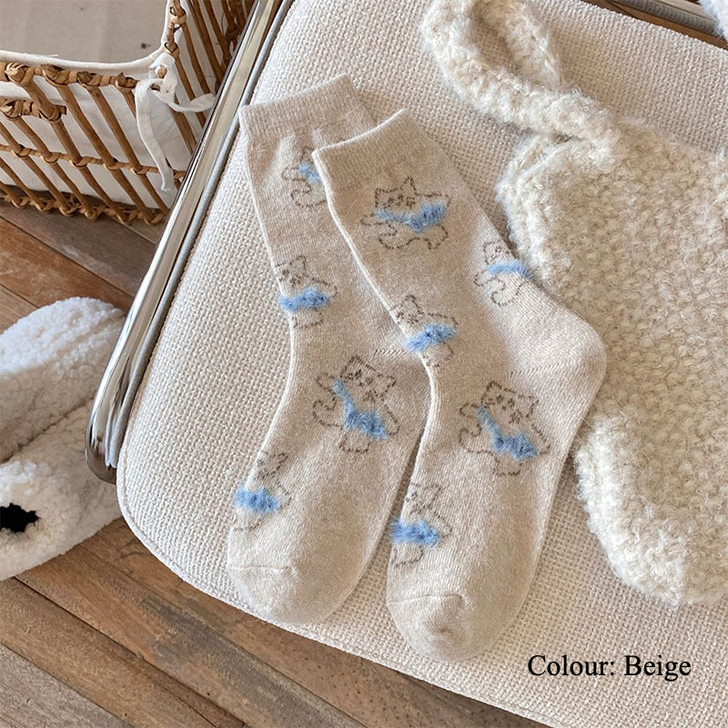 Gohobi Fleece-Lined Cat Print Winter Socks