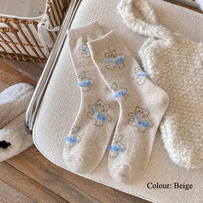 Gohobi Fleece-Lined Cat Print Winter Socks