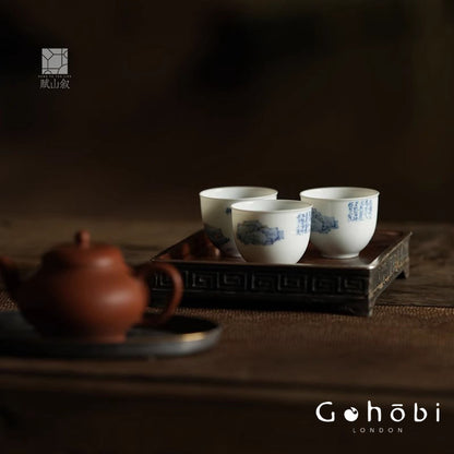 [賦山敘 x Gohobi] Gohobi Jingdezhen Hand-Painted Blue and White Mountain Teacup – Ruoshen Style Gongfu Tea Tasting Cup