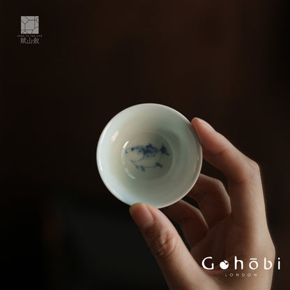 [賦山敘 x Gohobi] Gohobi Jingdezhen Hand-Painted Mandarin Fish Teacup – Blue on Blue Ceramic Gongfu Guest Cup