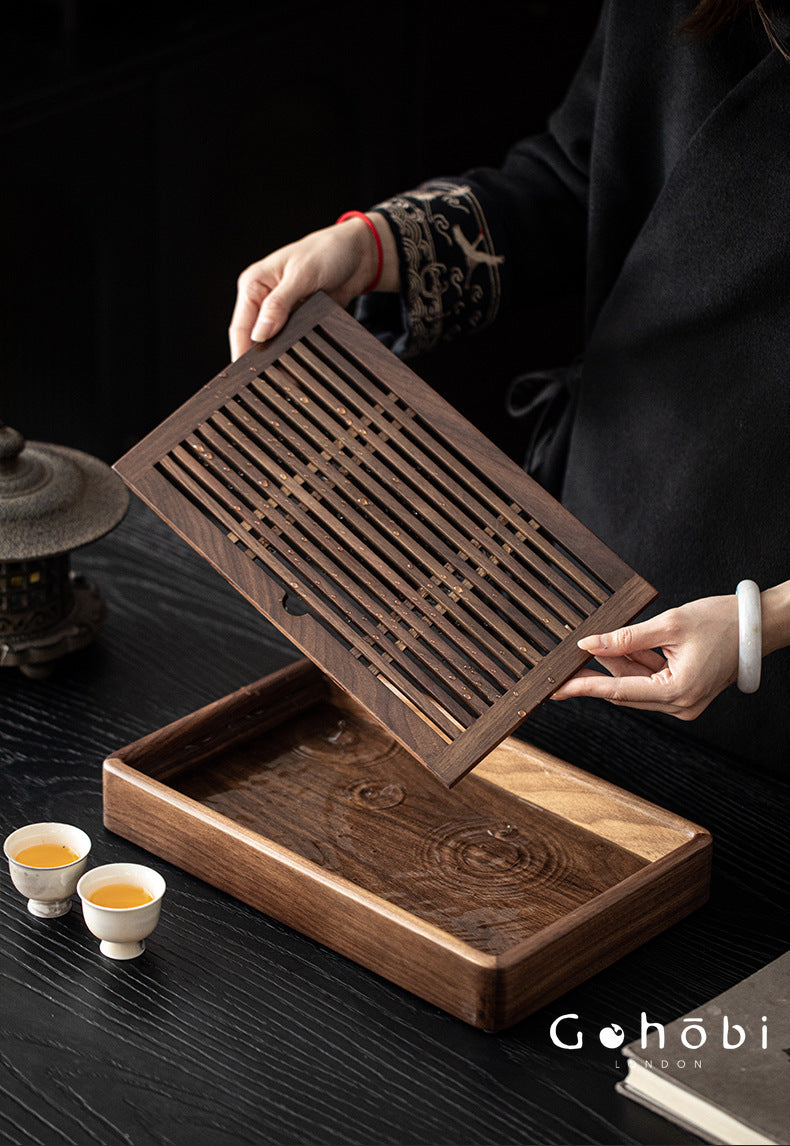 Gohobi Black Walnut Wood Tea Tray – Rectangular Solid Wood Gongfu Dry Brewing Tray