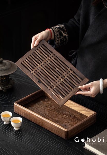 Gohobi Black Walnut Wood Tea Tray – Rectangular Solid Wood Gongfu Dry Brewing Tray