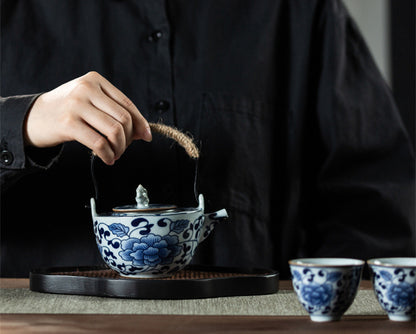 Gohobi Blue and White Porcelain Hemp Rope Handle Teapot