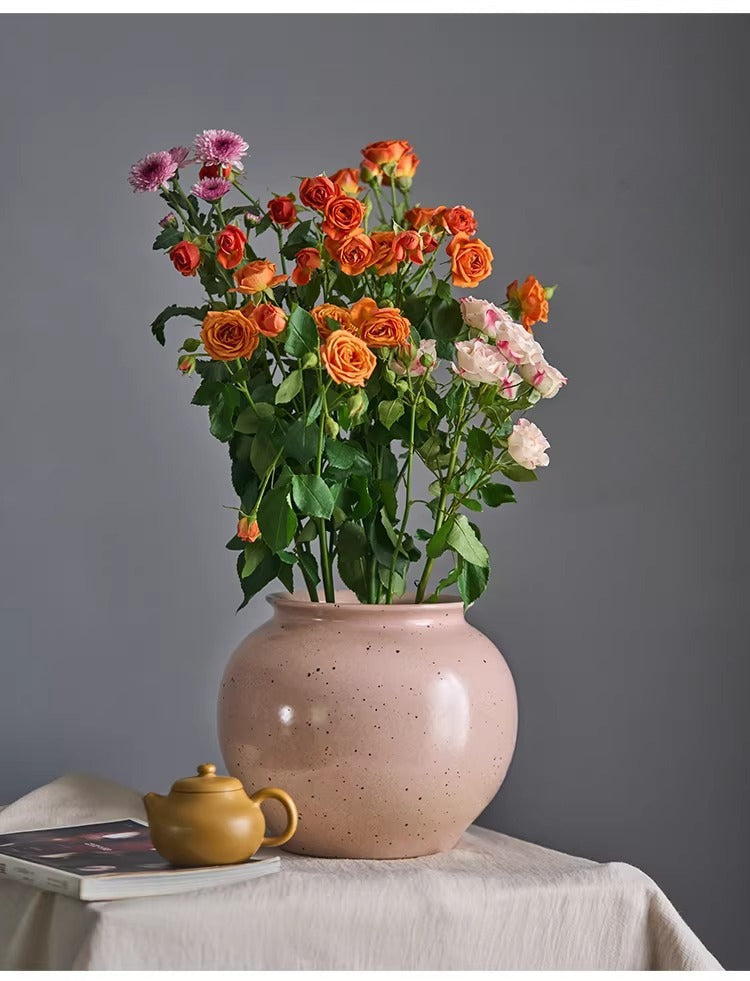 Gohobi Jingdezhen Handmade Pink Ceramic Vase – Wide Mouth Retro Coarse Pottery Flower Vase