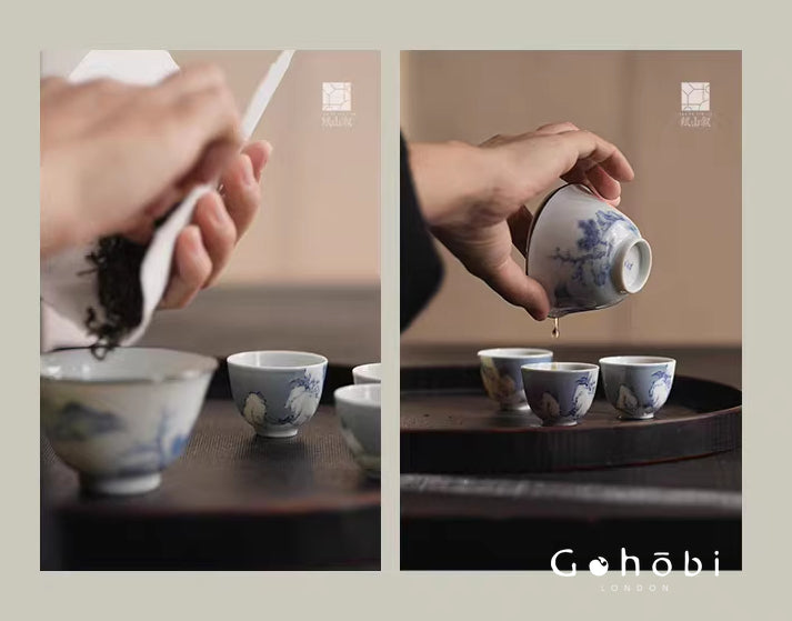 [賦山敘 x Gohobi] Gohobi Jingdezhen Hand-Painted Snow Landscape Teacup – Blue Scattering Glaze Gongfu Guest Cup