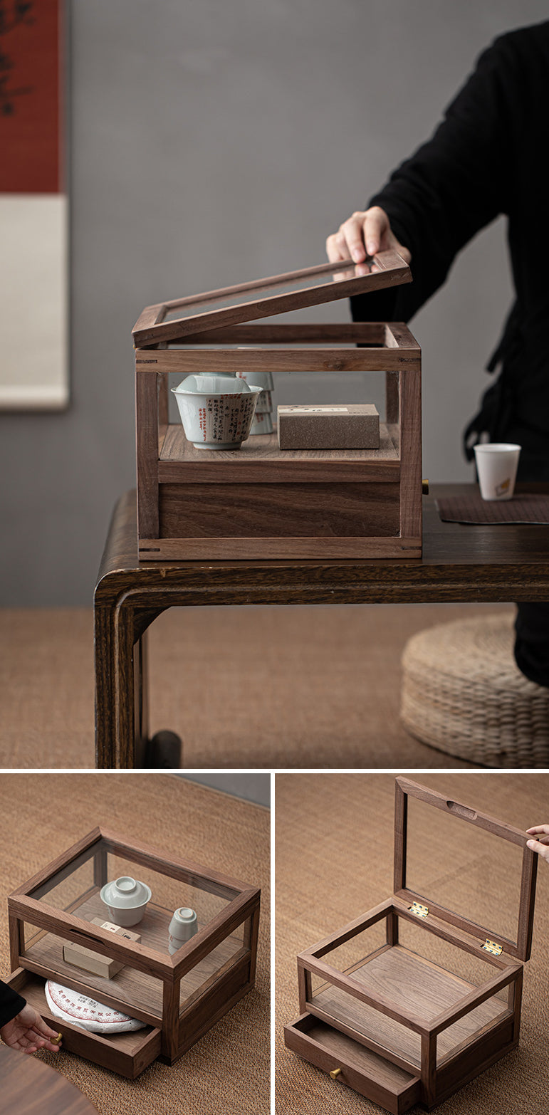 Gohobi Walnut Wood Glass Tea Cabinet with Drawer