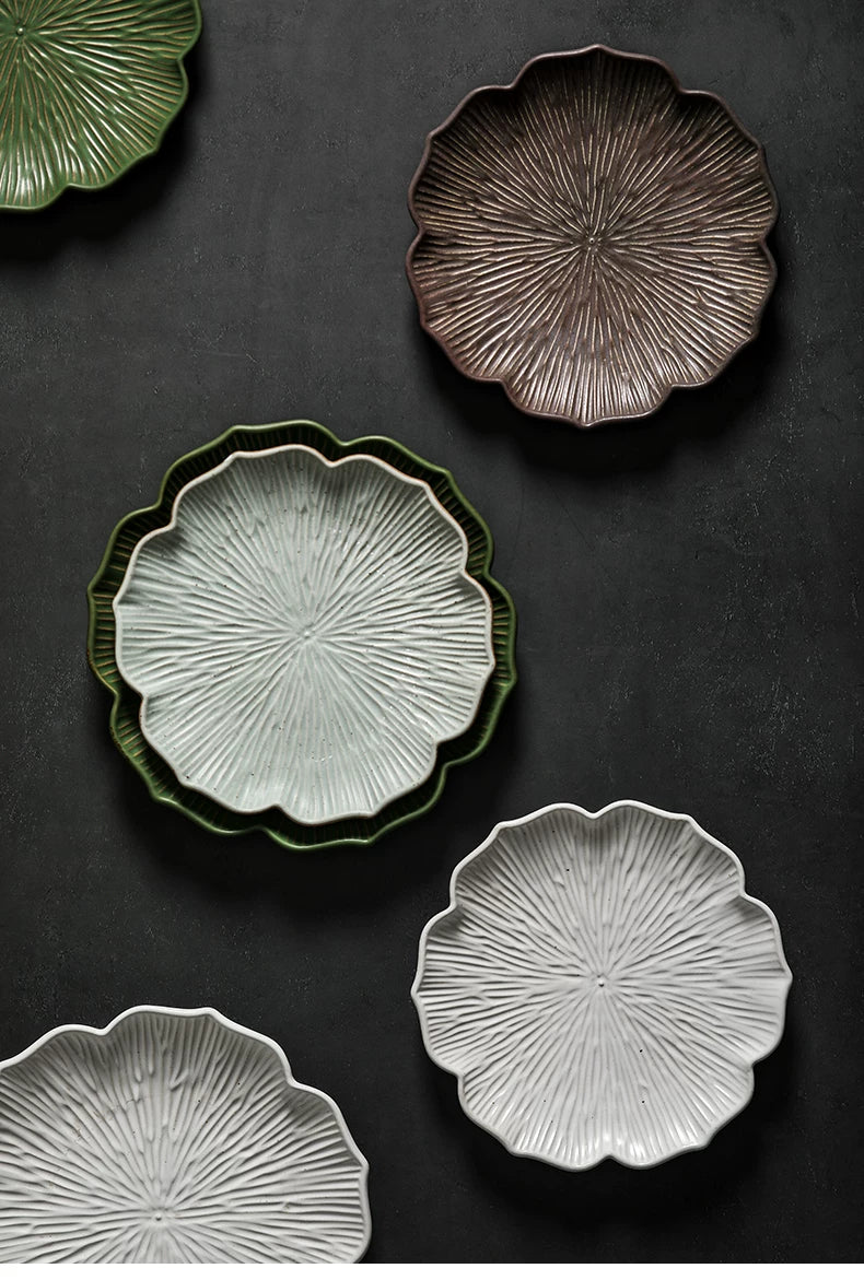 Gohobi Japanese Style Lace Ceramic Plate – Handmade Coarse Pottery Pasta and Tea Plate