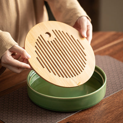 Gohobi Round Ceramic Bamboo Tea Tray