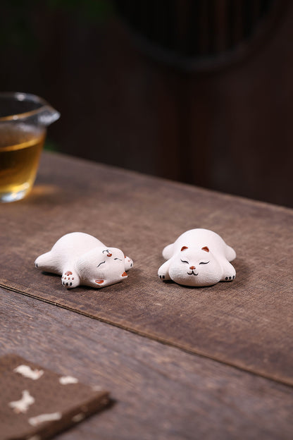 Gohobi Yixing Purple Clay Sleeping Cat Tea Pet – Handmade Lucky Cat Ornament