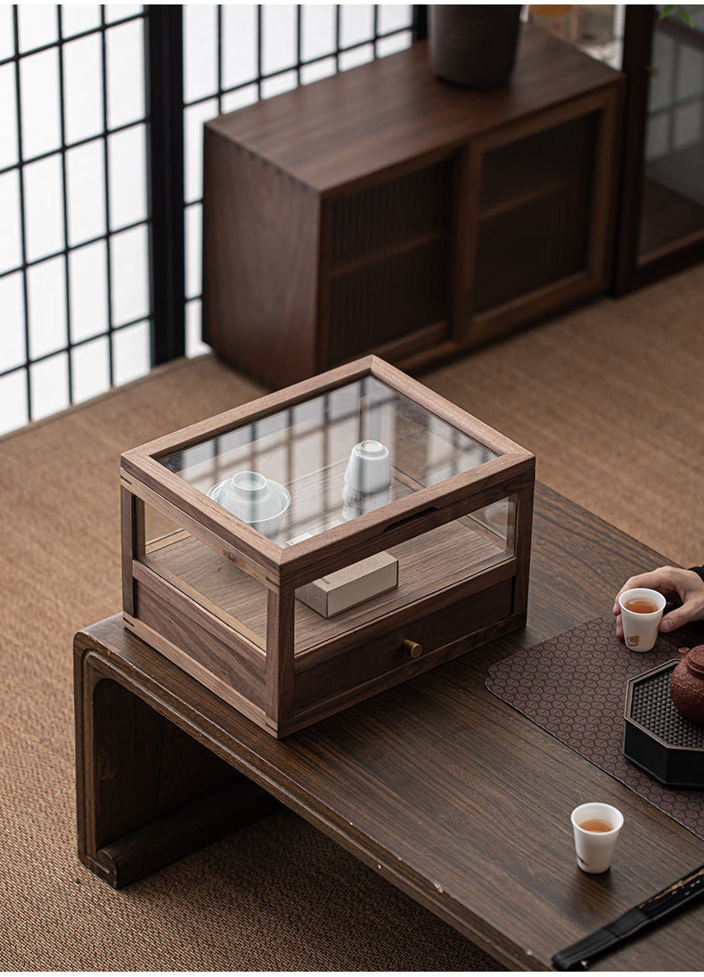 Gohobi Walnut Wood Glass Tea Cabinet with Drawer