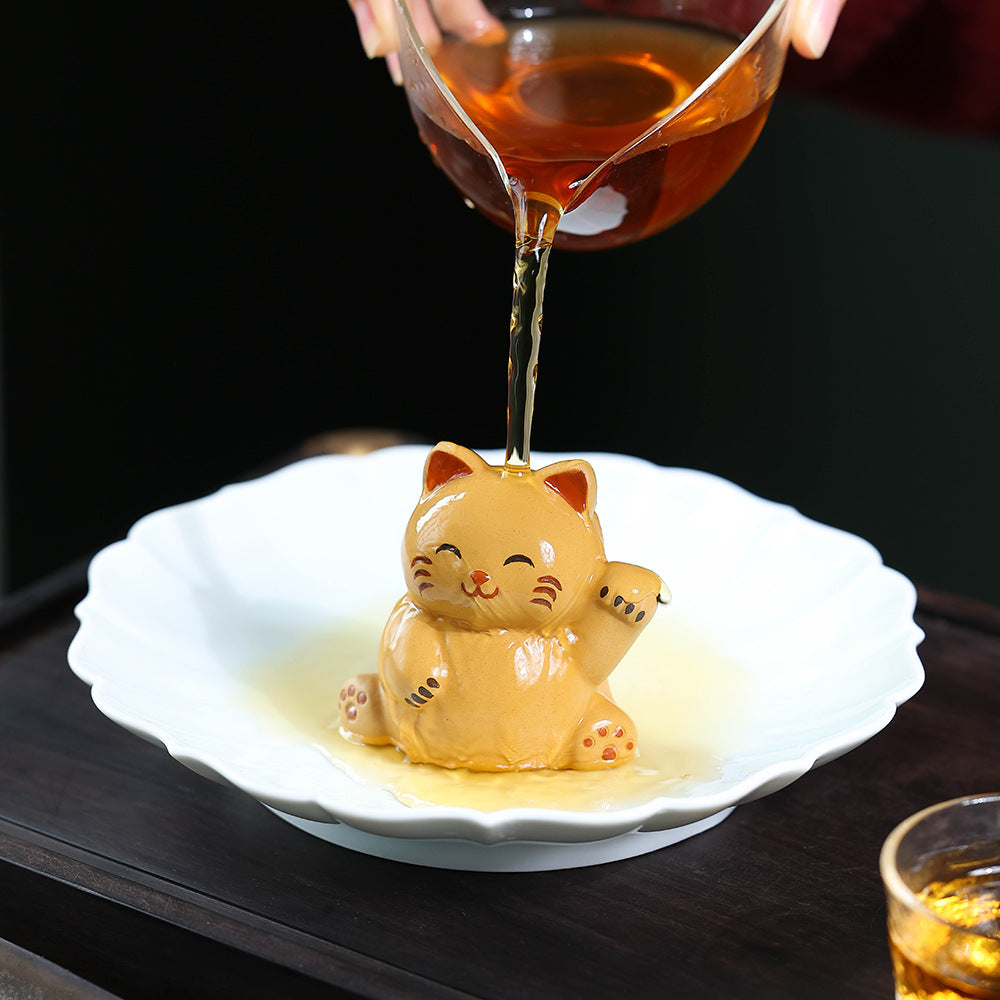 Gohobi Yixing Purple Clay Lucky Cat Tea Pet – Handmade Fortune Cat Tea Table Ornament