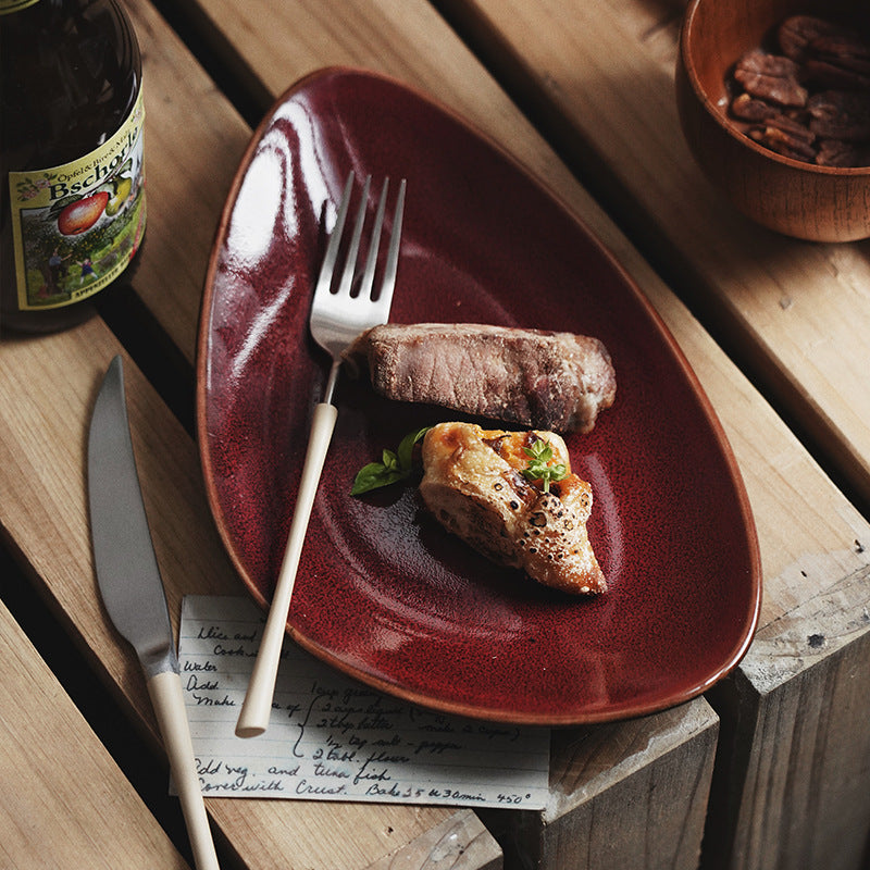 Gohobi Japanese Kiln-Glazed Irregular Oval Plate