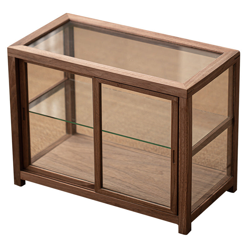 Gohobi Walnut Wood Glass Tea Cabinet (Double Sliding Door)