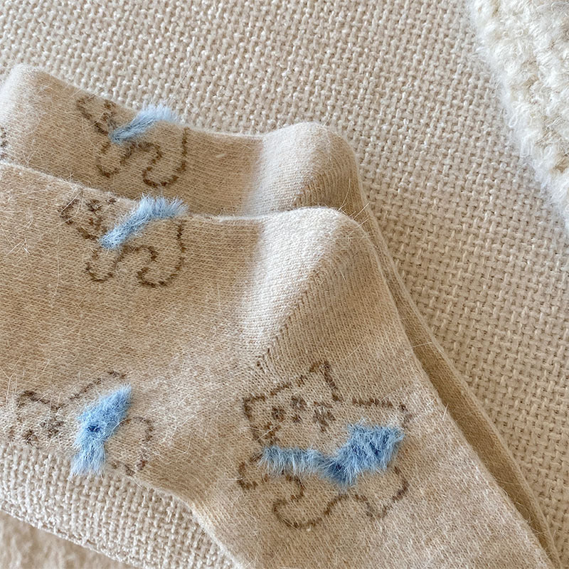 Gohobi Fleece-Lined Cat Print Winter Socks