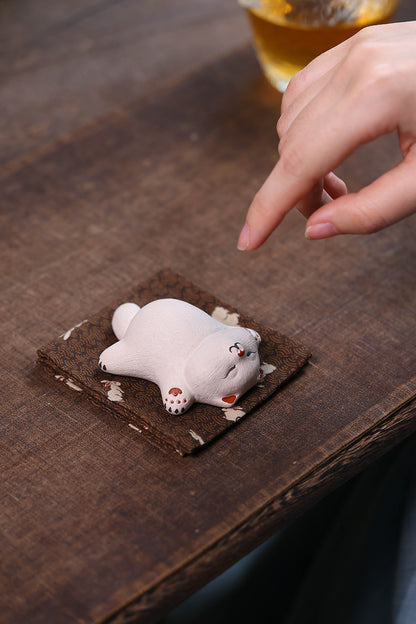 Gohobi Yixing Purple Clay Sleeping Cat Tea Pet – Handmade Lucky Cat Ornament