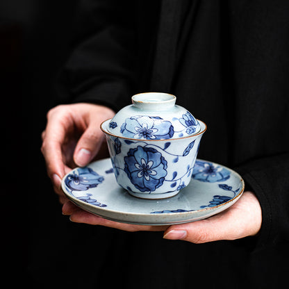 Gohobi Blue and White Lotus Large Size Gaiwan with Tray