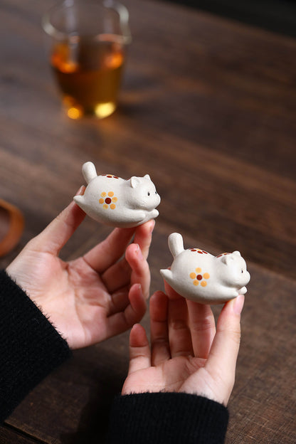 Gohobi Yixing Purple Clay Flower Cat Tea Pet – Handmade Lucky Cat Ornament