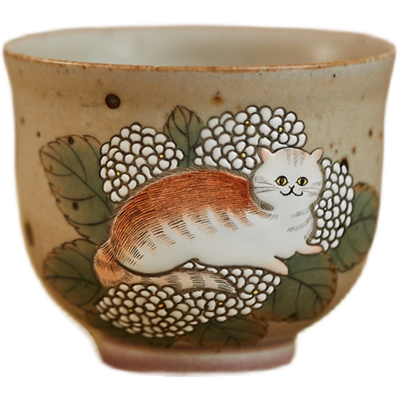 Gohobi Hand-painted Cat Hydrangeas Ceramic Tea Cup