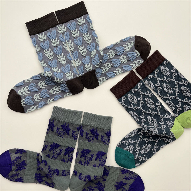 Gohobi Japanese Embossed Flower Mid-Calf Socks
