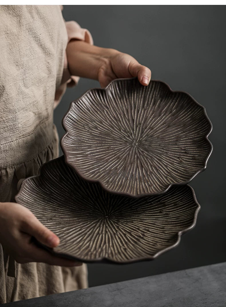 Gohobi Japanese Style Lace Ceramic Plate – Handmade Coarse Pottery Pasta and Tea Plate