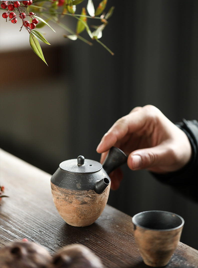 Gohobi Handmade Ceramic Artist Black Brushing Tea Cup Teappot Tea Set