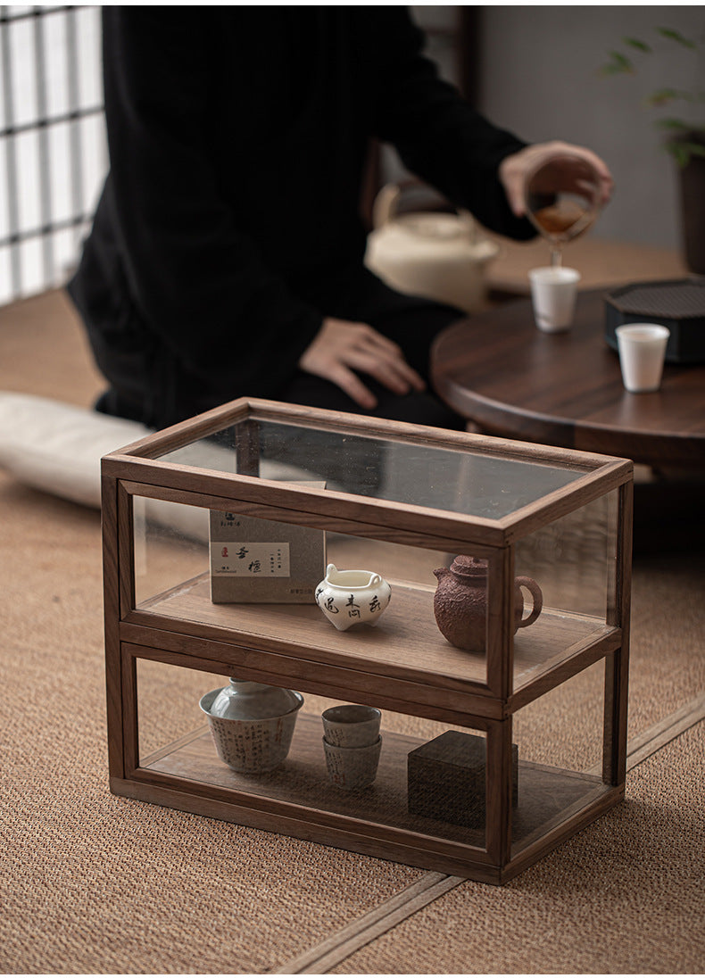 Gohobi Walnut Wood Glass Tea Cabinet (Two Single Sliding Door)