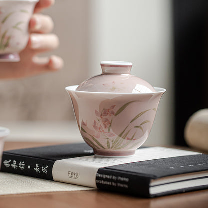 Gohobi White Porcelain Hand-Painted Orchid Gaiwan