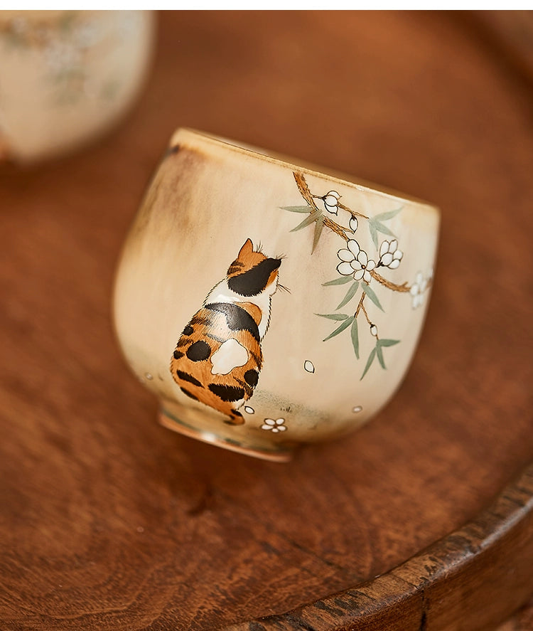 Gohobi Hand-painted Orange & Black Cat Ceramic Tea Cup