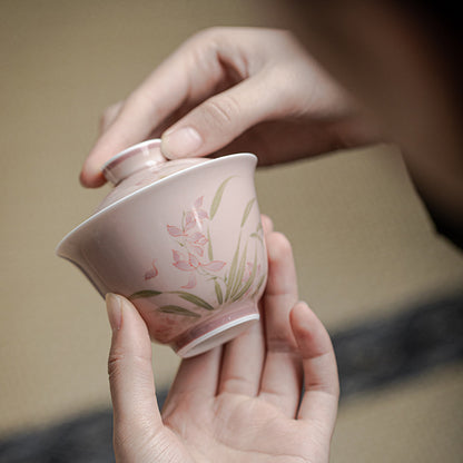 Gohobi White Porcelain Hand-Painted Orchid Gaiwan