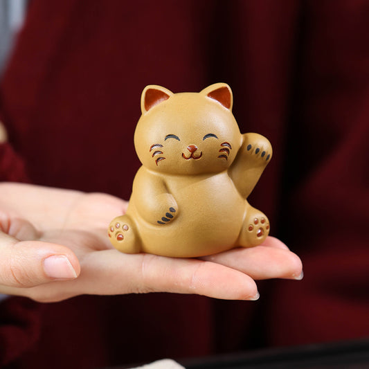Gohobi Yixing Purple Clay Lucky Cat Tea Pet – Handmade Fortune Cat Tea Table Ornament