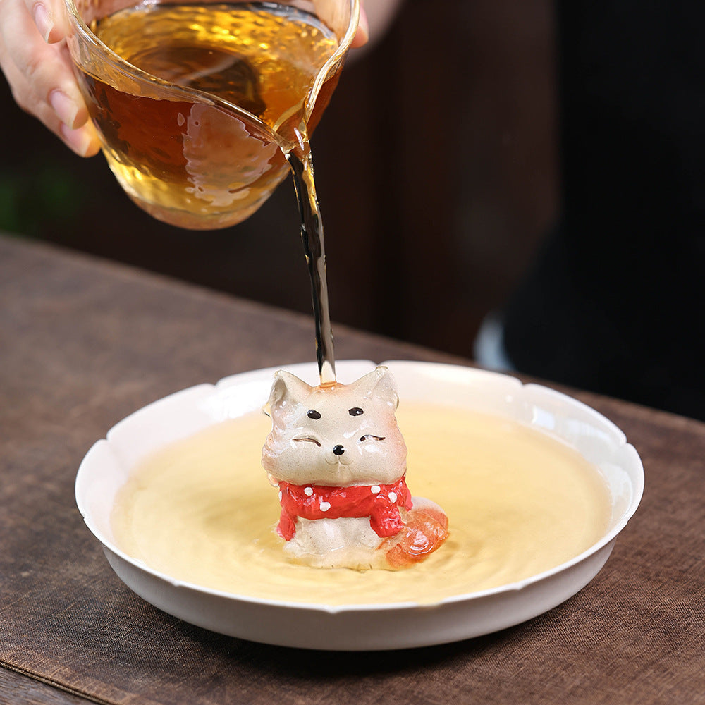 Gohobi Yixing Purple Clay Fox Cat Tea Pet – Hand-Painted Lucky Cat Ornament