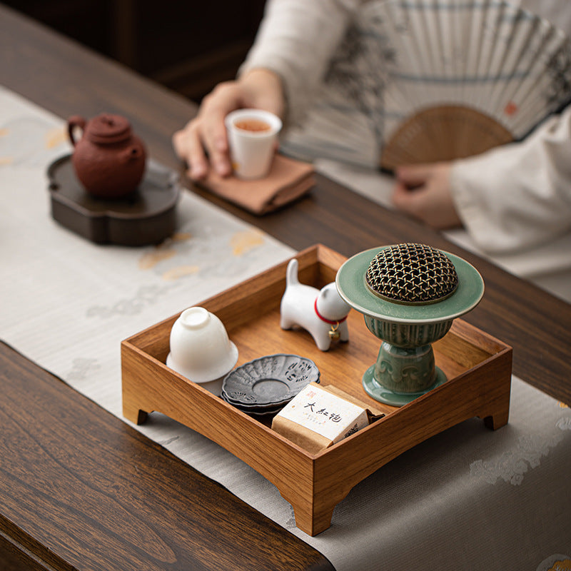 Gohobi Square Walnut Teak Wooden Serving Tray Teapot Tray