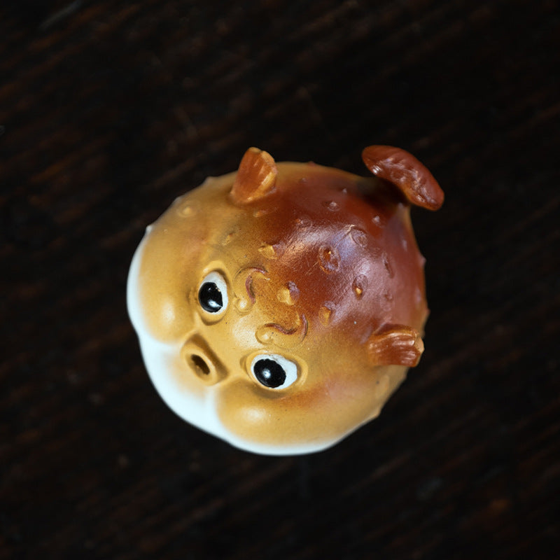 Gohobi Handmade Ceramic YiXing Clay Puffer Fish Ornament Tea pet incense holder
