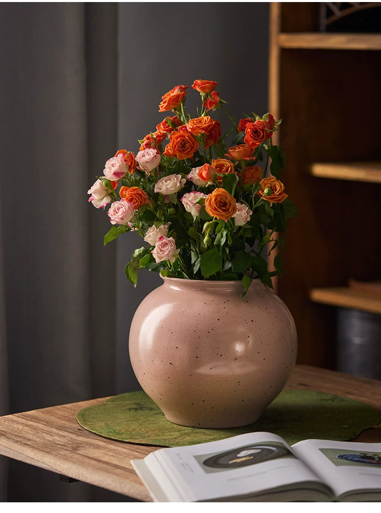 Gohobi Jingdezhen Handmade Pink Ceramic Vase – Wide Mouth Retro Coarse Pottery Flower Vase