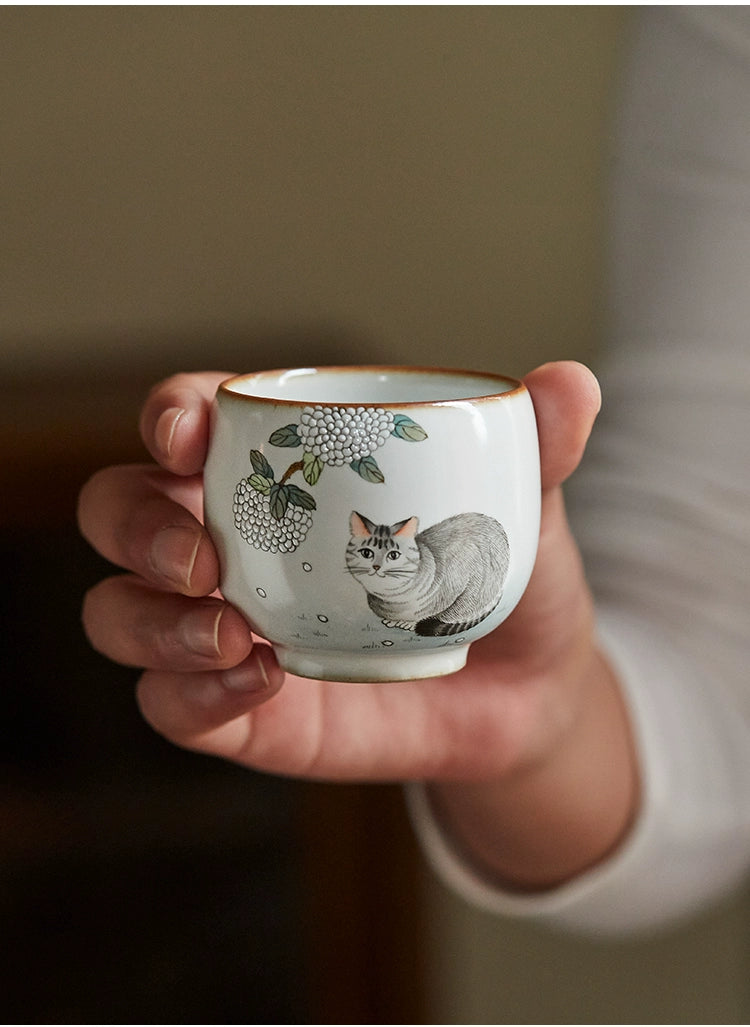 Gohobi Hand-painted Grey Cat Hydrangeas Ceramic Tea Cup