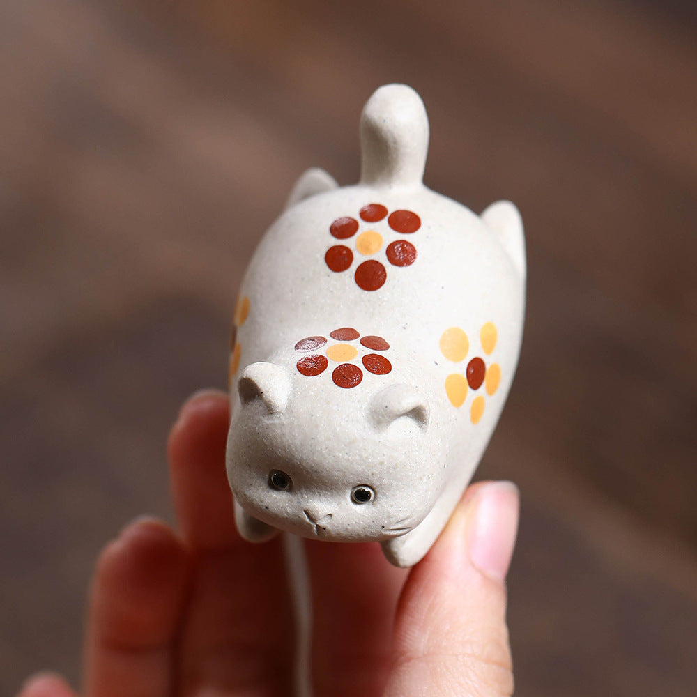 Gohobi Yixing Purple Clay Flower Cat Tea Pet – Handmade Lucky Cat Ornament